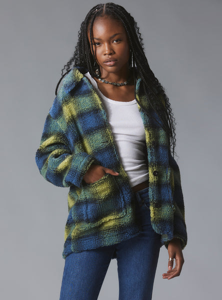 NSF Women's Jacket Hood Blue Green Plaid Wool Size good Large